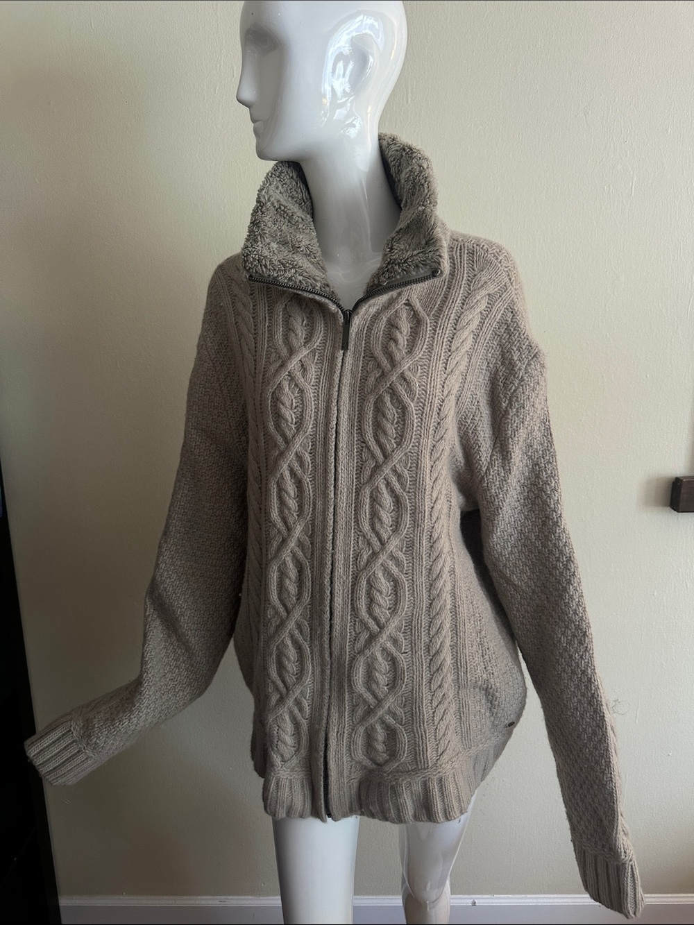 Hugo Boss Taupe Cable-Knit Zip Sweater with Sherpa Collar